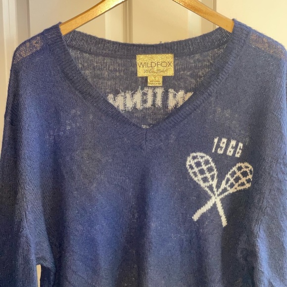 WILDFOX Hampton Tennis Club 1966 Semi Sheer Oversized Sweater Navy V-Neck Small - Picture 7 of 10
